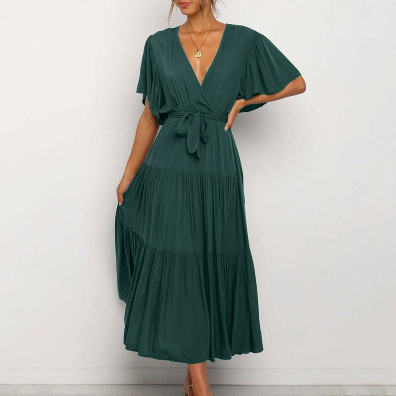Black Women Summer Elegant Belt Robe Cotton V-neck High Waist Long Maxi Dress 2022 A-line Casual Vacation Office Lady Dress