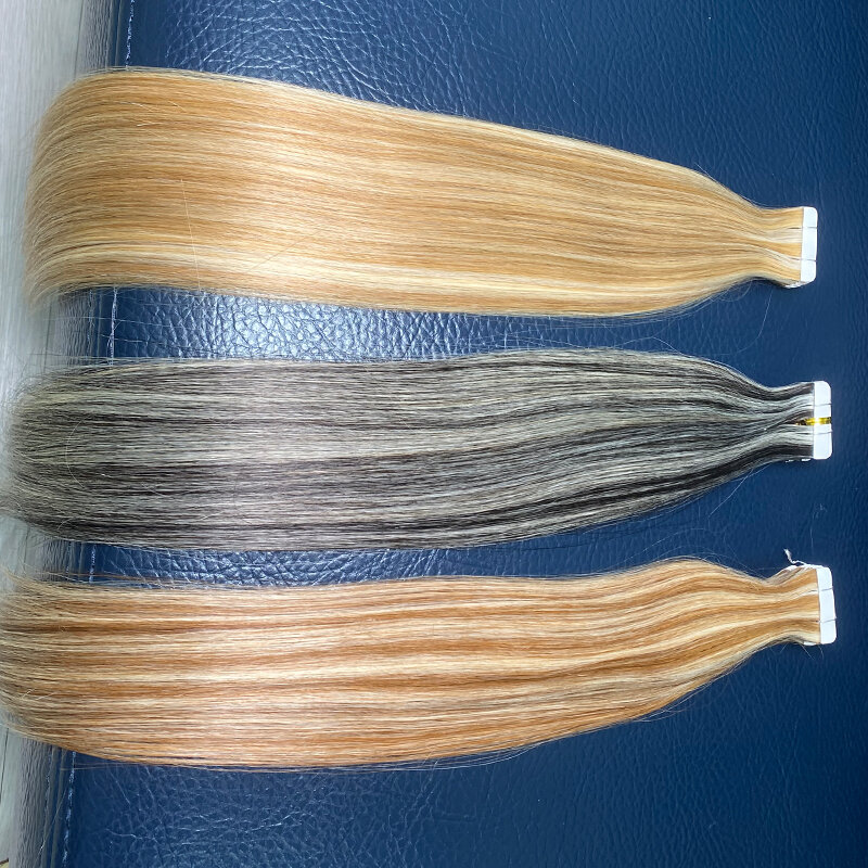 Selotip dalam ekstensi rambut manusia mulus alami, kain kulit tak terlihat mesin 18 "-30" perekat rambut manusia dua sisi Remy