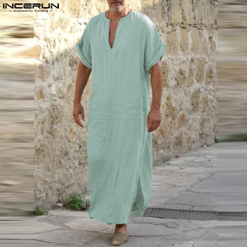 INCERUN 2023 Muslim Style New Mens Robe Simple Solid All-match Small V-neck Jubba Thobe Comfortable Long Short Sleeve Robe S-5XL