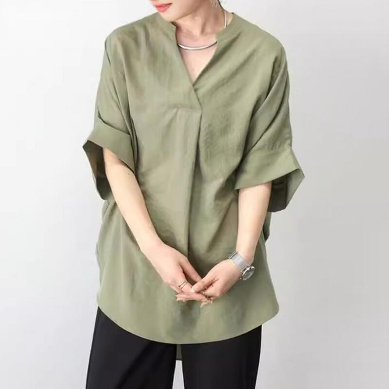 여성용 브이넥 배트윙 셔츠, 반팔 비즈니스 상의, 앞면 짧은 뒷면 긴 풀오버, 직장 또는 거리용, 세련된 여성 셔츠