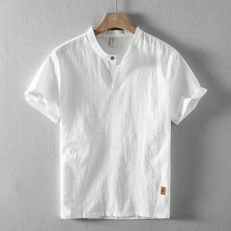 M-5XL 2024 Summer Thin New Men's Casual Shirts Retro Chinese Style Stand Collar Fit Cotton Linen Short Sleeve Shirt White Green