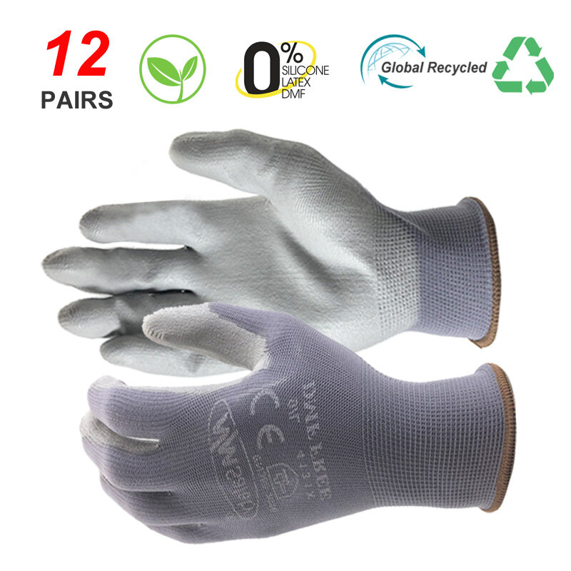NMSafety 12 Pairs Seamless Knit Nylon Dipped PU Rubber Palm Safety Work Gloves For Builders Fishing Garden Work Non-Slip Glove