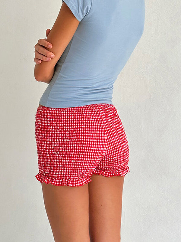 Pantalones cortos de pijama informales para mujer, Shorts de salón a cuadros, banda elástica roja con volantes, amigables con la piel, talla S, M y L