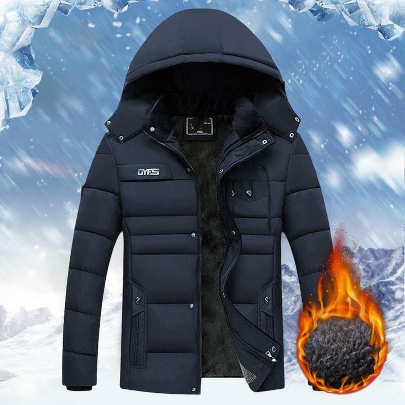 Men Hooded Coat Winter Trendy Cotton Padded Plush Lining Solid Color Windbreaker Men Thermal Coat Cold Proof Hood Jacket Outwear