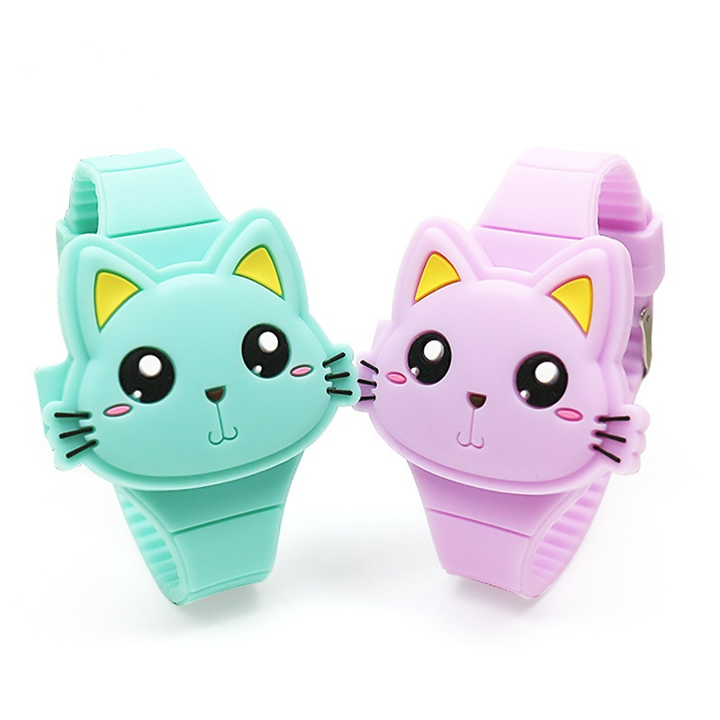 Moda dla dzieci zegarek słodki kociak kształt LED cyfrowe zegarki dla dziewczynek chłopców silikon bez BPA zespół Clamshell projekt dzieci zegarek
