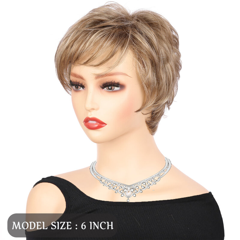 Short Straight Wig For Women Daily Use Golden Hair Mix Dark Root Natural Hair Lightweight And Breathable Senior Synthetic Wig