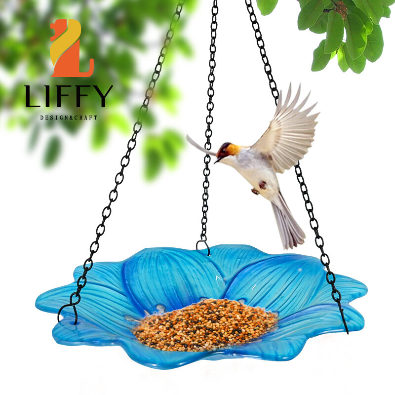 Pássaro pendurado alimentador azul flor de vidro alimentação suprimentos para jardim ao ar livre decoração e pátio e acessórios do banheiro para pássaro