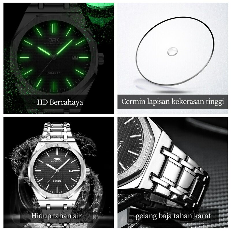 Reloj de marca Opk para hombre, correa de acero inoxidable luminosa a la moda simple y resistente al agua