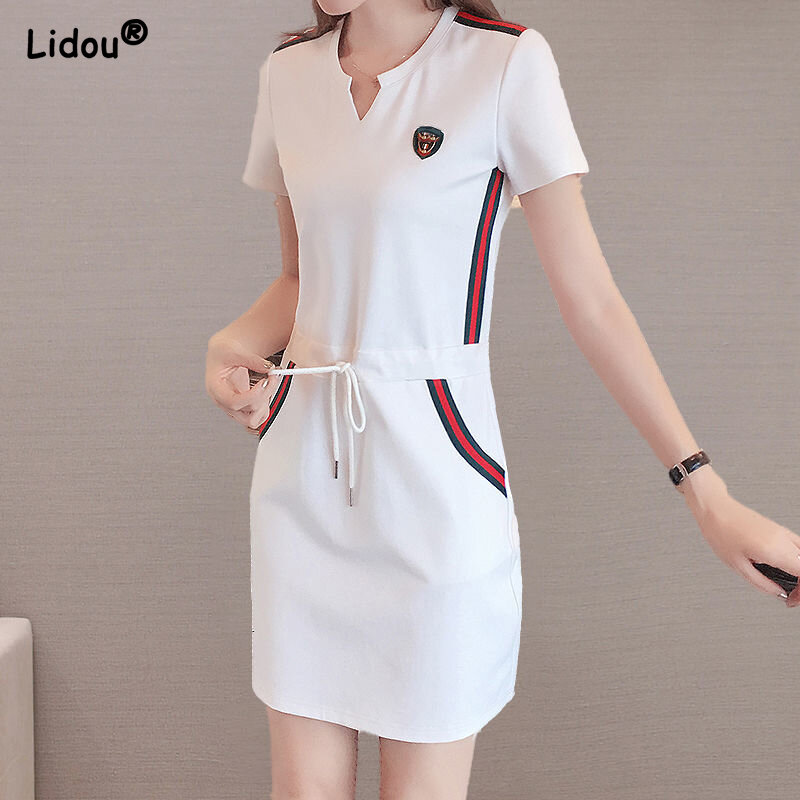 Elegant Casual V-neck Short Sleeve Solid Color Simple Comfortable White Dress Straight Loose Draw String Women's Clothing 2022