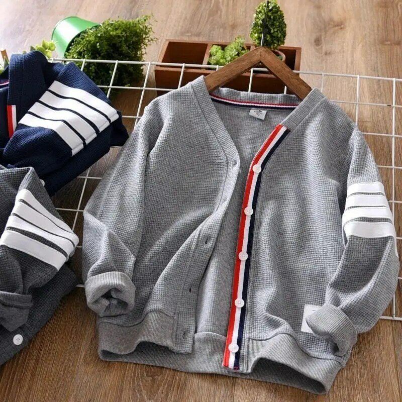 Boys' Cardigan Coat Spring and Autumn Medium and Big Children  New Casual Top Korean Super Hot Knitwear Western Style