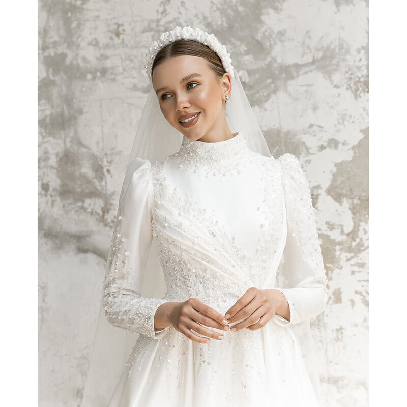 Elegant White High-Neck Sequin Beaded Evening Dresses 2023  A-Line Full Sleeves Floor Length Sweep Train Zipper Formal Gowns