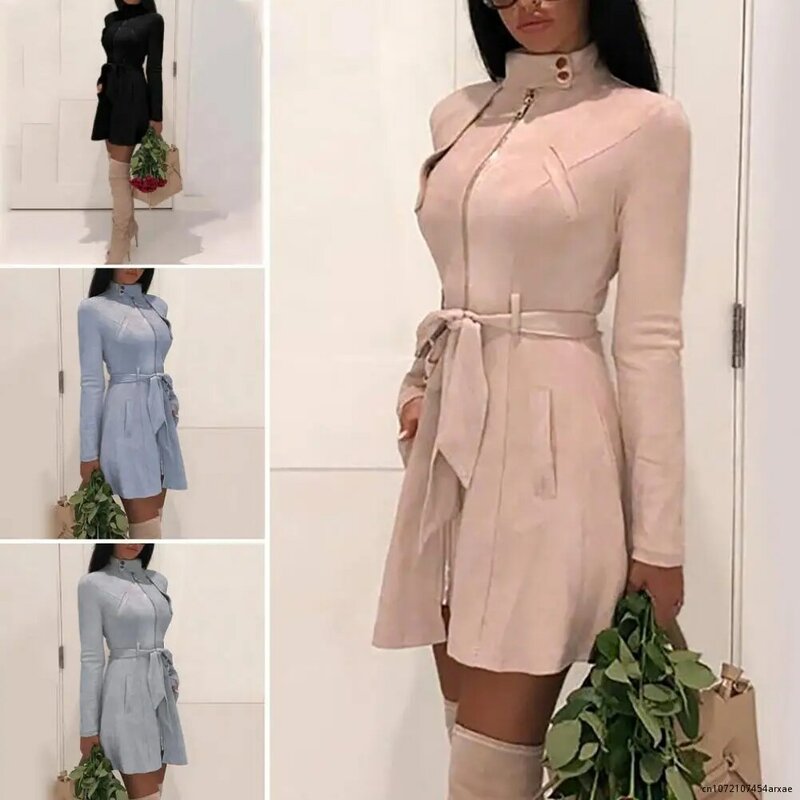 Chic Women Autumn Long Sleeve Stand Collar Zipper Slim Waist Belt Dress Coat Ladies long strappy solid color trench coat