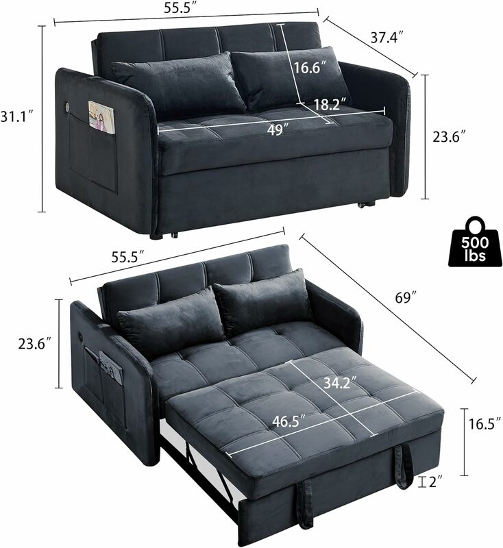 Loveseat-sofá cama extraíble 3 en 1, respaldo ajustable, puertos, cojines de esponja resistentes para sala de estar y dormitorio