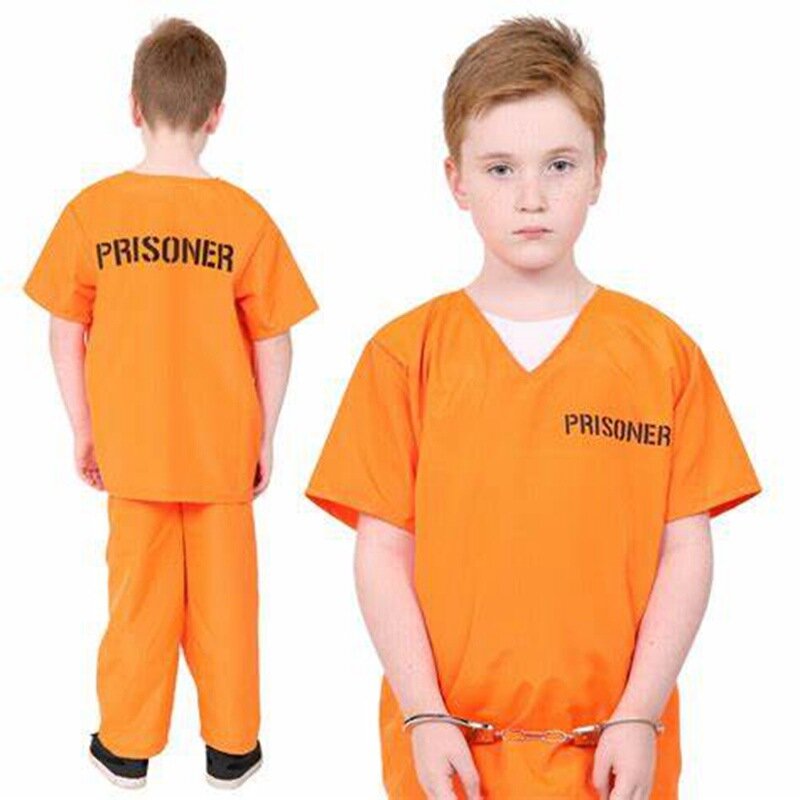 Adult Children Inmate Costume Orange Jumpsuit Jailbird Outfit Personality Carnival Halloween Role Play Prisoner Uniform Set