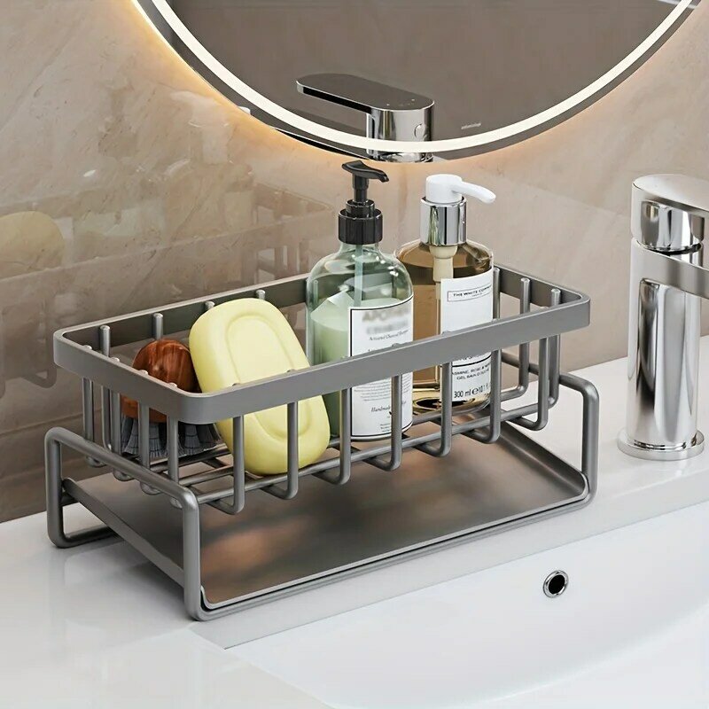 1pc Sink Caddy, Sponge Drain Rack With Dishcloth Holder, Stainless Steel Sink Storage Rack For Sponge Dish Soap Dishcloth Brushe