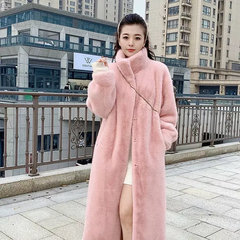 한국 여성 단색 전체 소매 인조 모피 코트, 스탠드 칼라 캐주얼 슬림핏 정사이즈 두꺼운 코트, 스플라이스 가을 겨울 2023