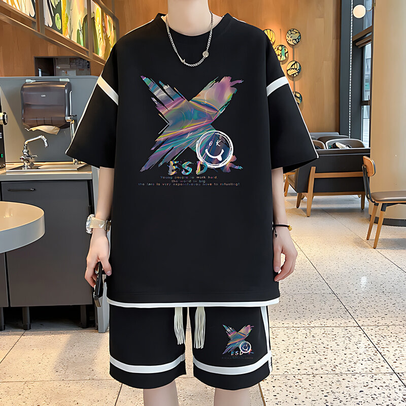 New Summer Men's Short Sleeve T-shirt Suit Fashionable Trendy Korean Style Loose Printed Letter Smiling Face Design Sports Set