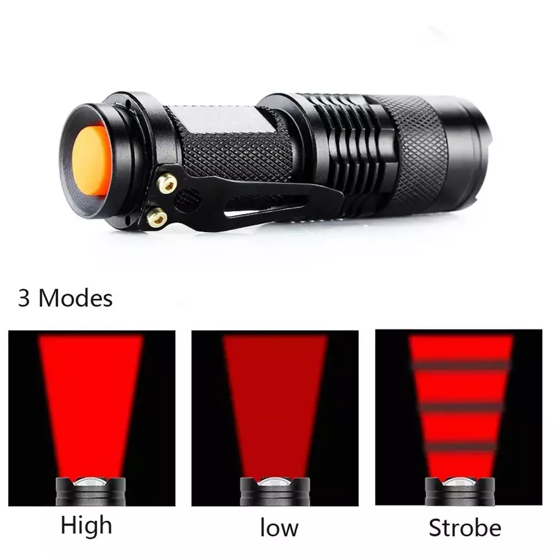 Lámpara impermeable 300lumens 7W zoom linterna LED linterna roja linterna 3mo penlight Lámpara LED portátil para baterías AA / 14500
