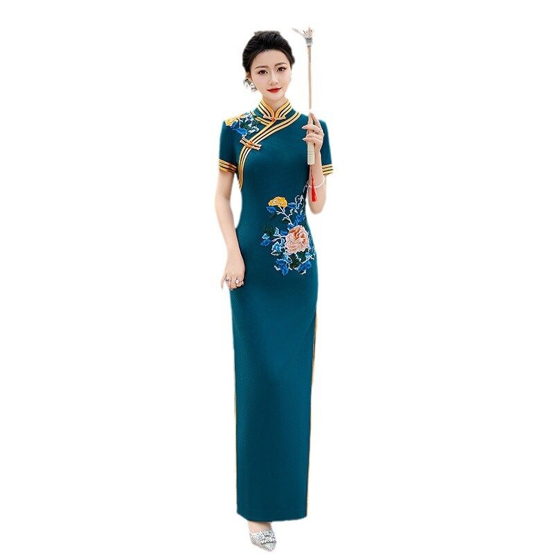 Elegant Women Long Chinese Traditional Cheongsam Sexy Slim Qipao 2024 New Satin Evening Party Dress Mother Performance Costumes