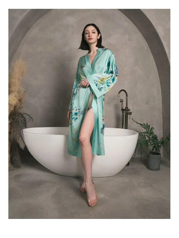 Birdtree 22MM 100% seta di gelso elegante camicia da notte da donna con stampa floreale lunga vestaglia 2024 primavera estate nuovo P41479QD