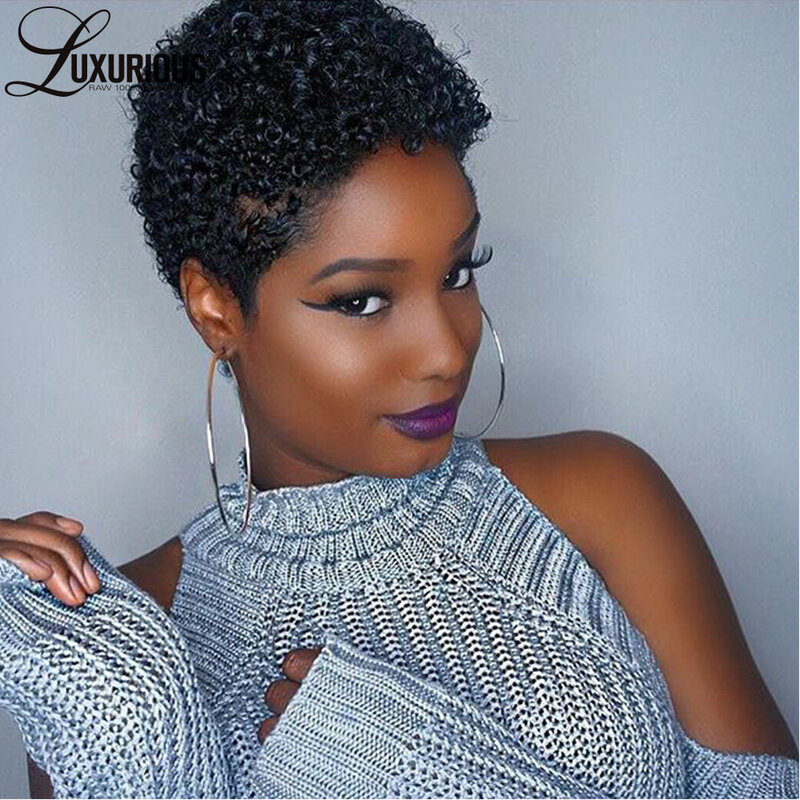 Glueless Pre Plucked Short Pixie Cut Wigs For Black Women Afro Kinky Curly Machine Made Wig Brazilian Virgin Remy Human Hair Wig