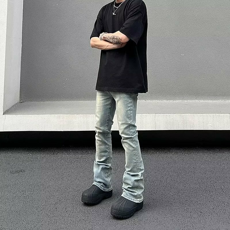 Celana Jeans kurus pria, celana Denim jalanan tinggi abu-abu Musim Panas Y2k sederhana ramping Streetwear Vintage Fit musim gugur