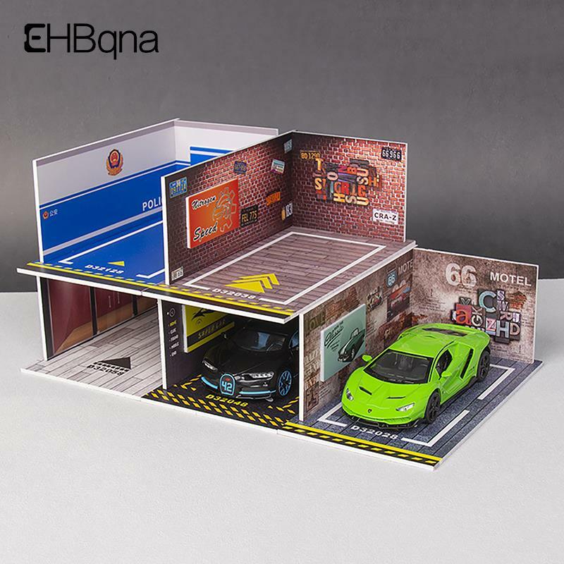 Diorama-estacionamiento con luz para modelos de coches de aleación, garaje de PVC, escena DIY, modelo de coche fundido a presión, 1/24
