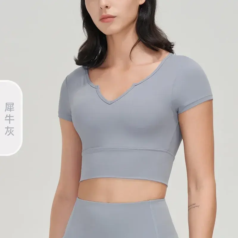 Женская облегающая спортивная рубашка для йоги с нагрудной подушкой и короткими рукавами для бега облегающий жилет с V-образным вырезом Новая одежда для фитнеса
