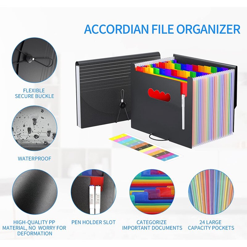Expansível Accordian File Organizer, pasta portátil, tamanho carta para documentos de papel, A4, tamanho carta