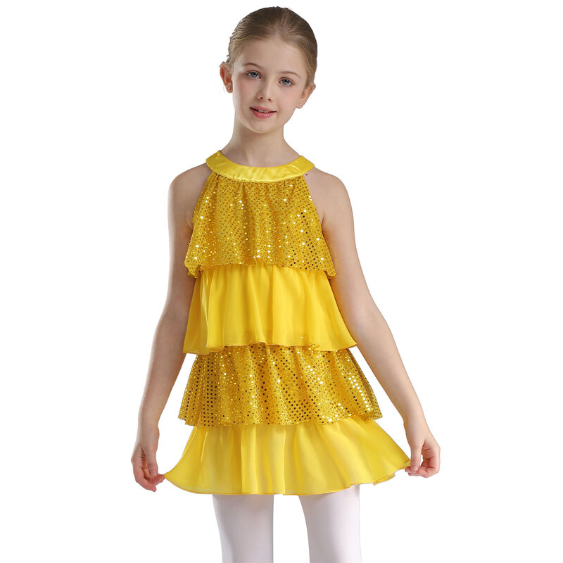 어린이 소녀 발레 댄스 원피스, 민소매 반짝이 스팽글, 계단식 프릴 재즈 라틴 댄스 스케이팅 체조 공연 코스튬