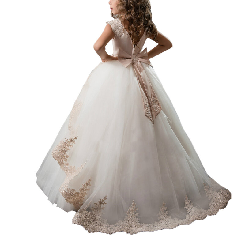 Klasyczna koronkowa suknia balowa z szampanem kwiatowa dziewczęca sukienka na wesele dla dzieci suknia galowa na bal maturalny sukienki księżniczki na przyjęcie bez rękawów