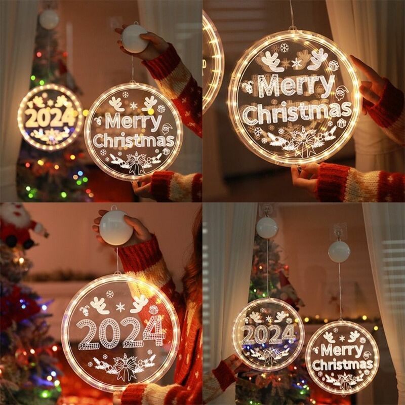 Круглый, с надписью Merry Christmas, фонари, подарки, искусственная Акриловая Рождественская лампа, 2024 лампочек