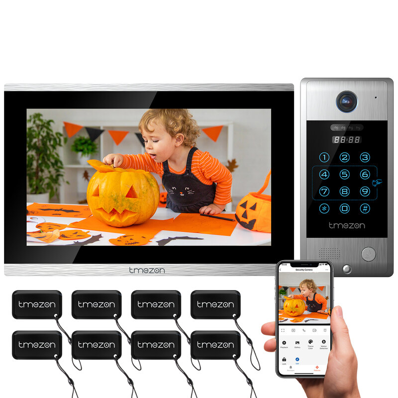 TMEZON-videoportero con WiFi, pantalla táctil de 10 pulgadas, timbre con cable de 1080P, 4 en 1, aplicación, contraseña, tarjeta, deslizar, Monitor, Tuya
