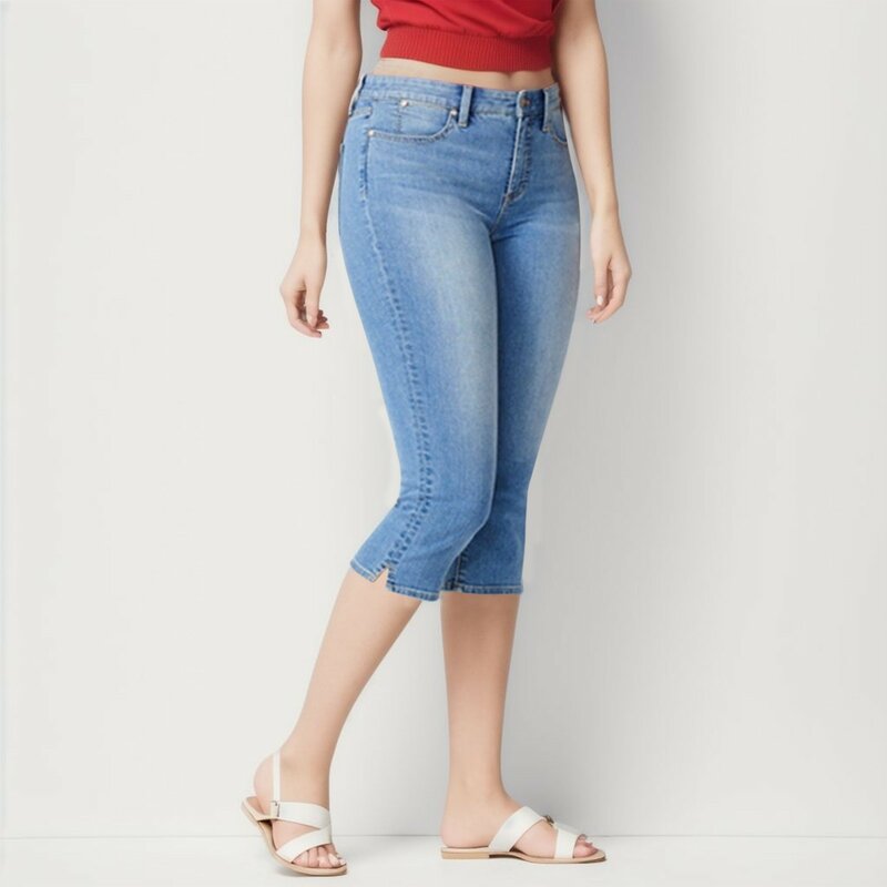 Celana Denim Jeans wanita, celana Denim betis Jeans tinggi regang panjang pinggang ramping