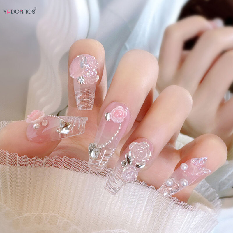 Unhas postiças artesanais rosa com desenho de flores, prensa longa de balé nas unhas, decoração de diamante, pontas de unhas postiças para mulheres 10 peças