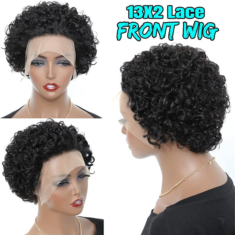 Wig potongan Pixie untuk wanita 12A rambut manusia Peru pendek mentah keriting Bob keriting 13X2 hdtransparan garis rambut dengan kepadatan 250 Perruque air