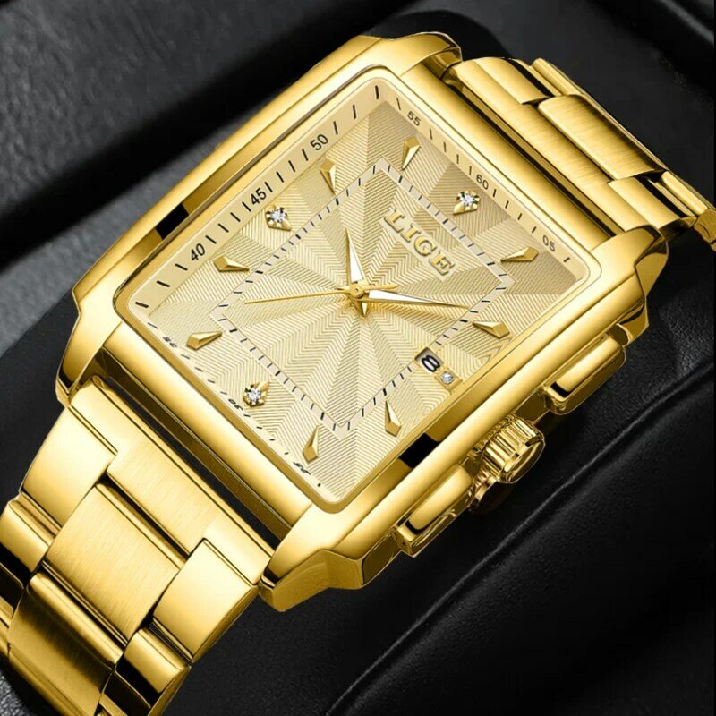 Часы наручные LIGE мужские с квадратным циферблатом, брендовые роскошные золотистые Кварцевые водонепроницаемые из нержавеющей стали