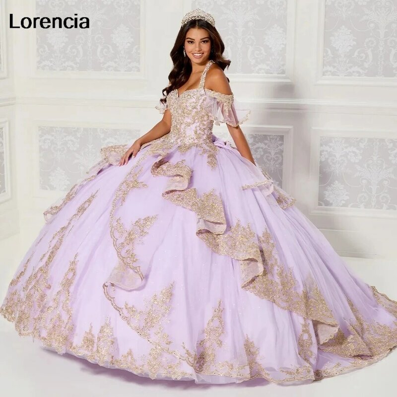 فستان Lorencia Lilac quenceanera ، دانتيل ذهبي بحمالة رقبة ، مزين بالخرز ، مشد بكشكشة ، 16 ثوب حلو ، 15 سنة ، YQD772