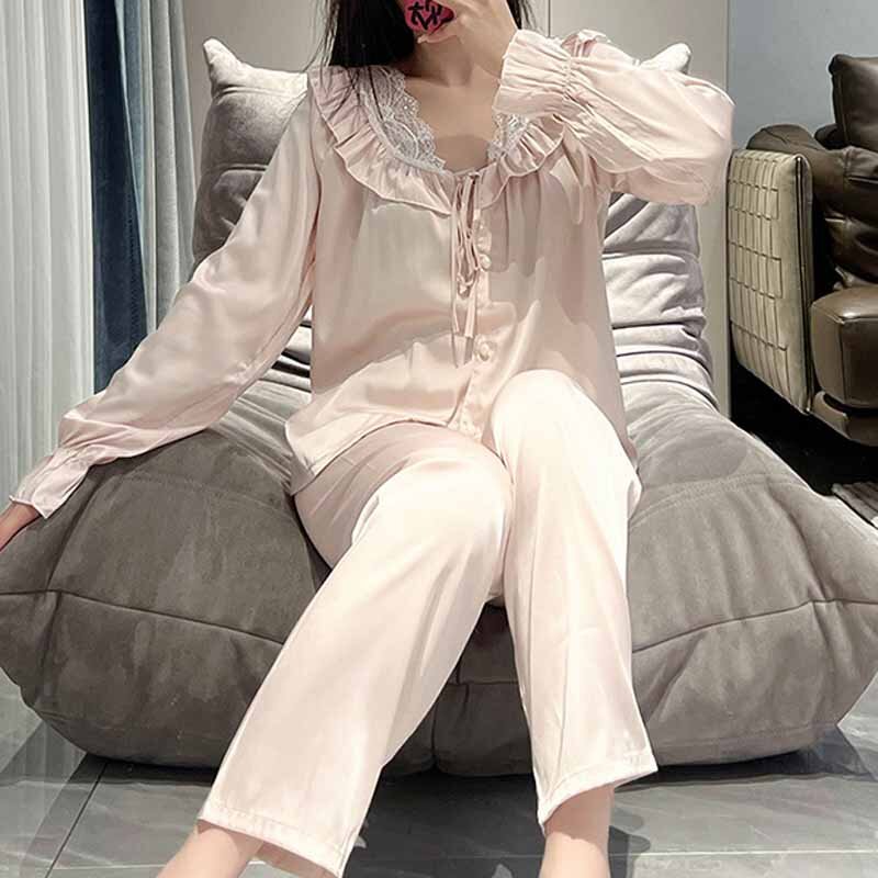 Long Sleeved Cardigan Pants Sleepwear Sexy Lace V-Neck Pajamas Casual Loose Fit Nightwear Two-Piece Princess Style Loungewear