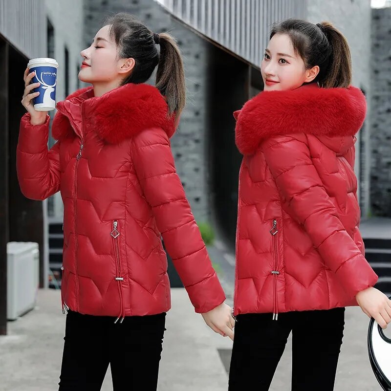 2023 New Winter Korean Glossy Parkas Women Loose Fur Collar Hooded Down Cotton Jacket Female Parka Warm Casual Outwear Overcoat