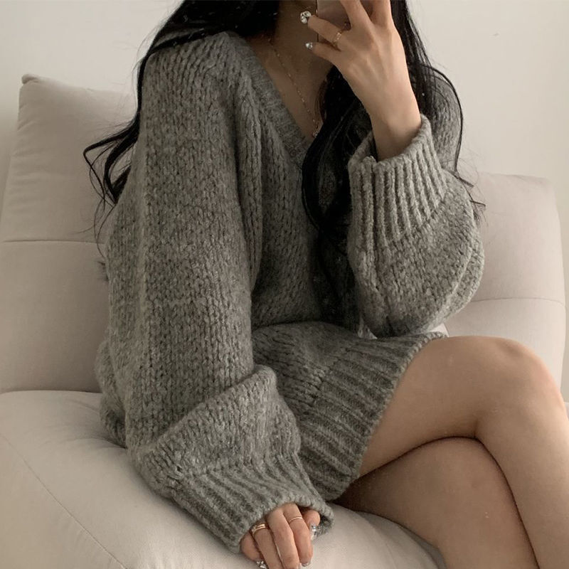 Pull mi-long en tricot pour femme, style paresseux, col en v, étudiant Y2K, version coréenne, fin et polyvalent, top 2023