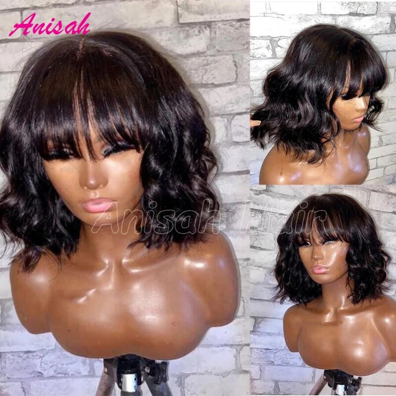 Virgin Brazilian Short Bob Human Hair Wigs With Bangs for Black Women Glueless 13x4 13x6 Short Wavy Bob Lace Front Wigs