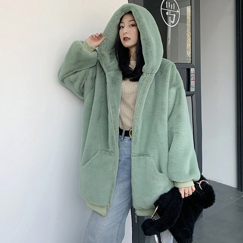 Elegant Lady Mink Fur Coat Zipper Hooded Jacket Women's Faux Fur Overcoat Harajuku Oversize Loose Jackets and Coats Korean