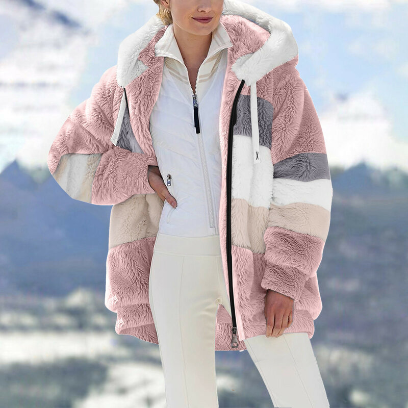 여성용 인조 크롭 재킷, 부드러운 긴팔 코트, 플러스 사이즈 캐주얼 컬러 블록, 플러시 퍼 아우터, 가을 겨울 패션