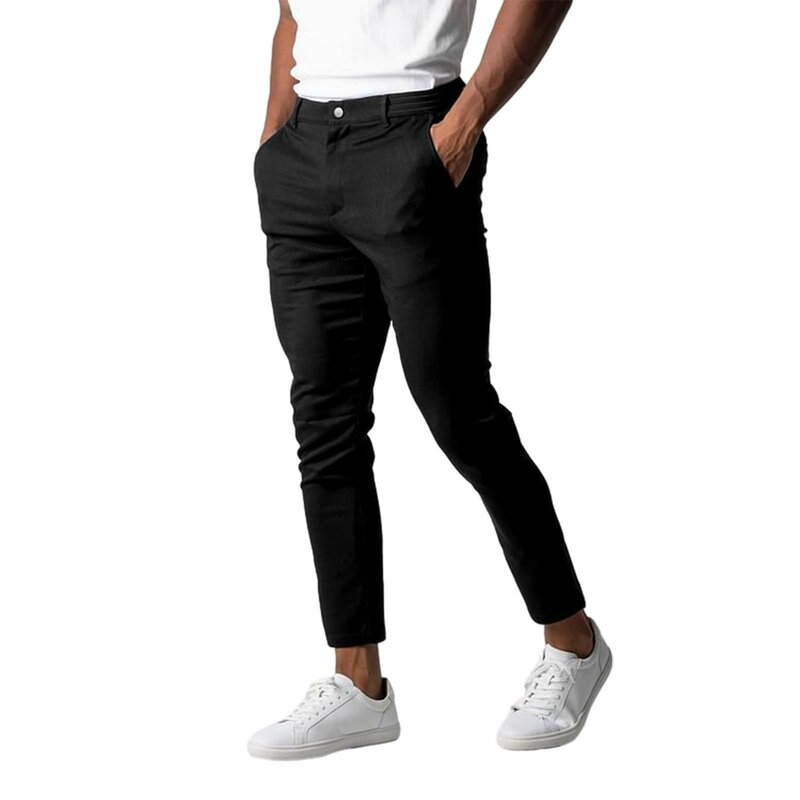 Calça elástica casual masculina, vestido masculino, cintura ativa, elástico alto, respirável, negócio, versátil, fina, perna pequena