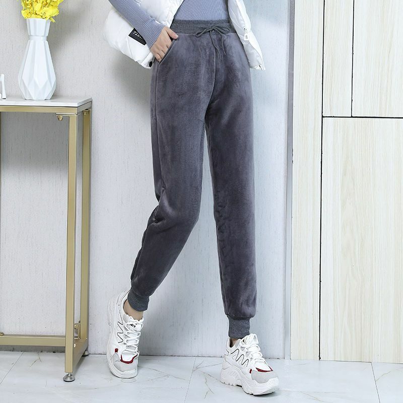 Кашемировые уличные брюки, женская одежда, осень-зима, кашемир ягненка, теплые однотонные студенческие Простые повседневные небольшие брюки в Корейском стиле
