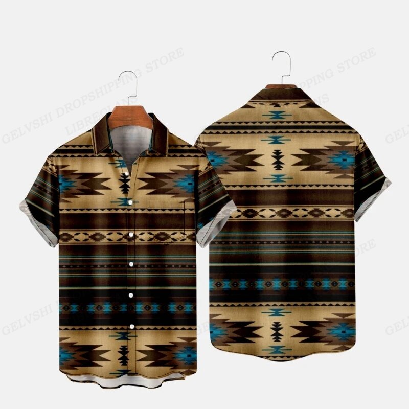 Camisas havaianas vintage masculina, blusas masculinas, roupa de lapela, étnica, manga curta, de peito único, moda étnica