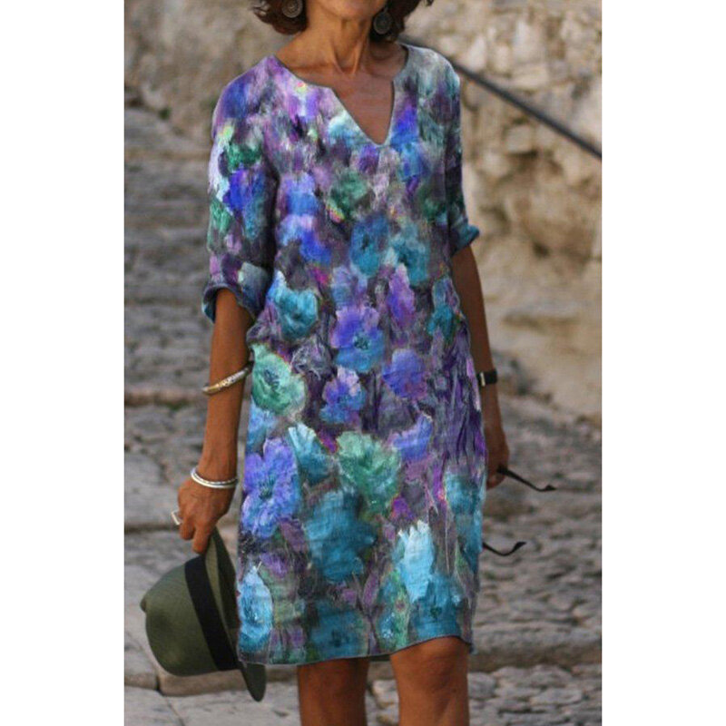 Vestido Midi bohemio para mujer, ropa informal holgada con estampado Floral, escote en V, sin mangas, ideal para fiesta y playa, Verano