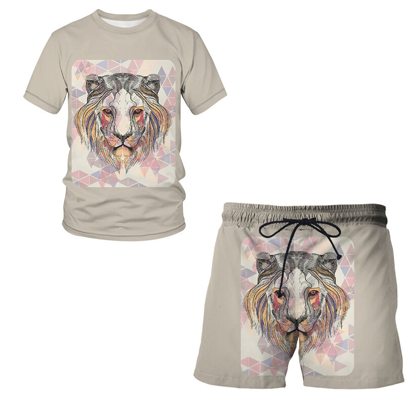 Czaszka styl plemienny mężczyzna T koszula + plaża zestawy z krótkimi spodenkami letnia odzież sportowa spodnie do joggingu T-shirt streetwear 3D drukuj tygrys topy Tshirt