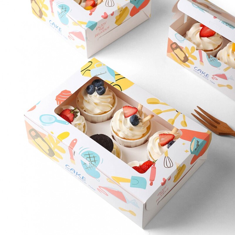 Caixas de embalagem com janela, Adequado para sobremesa Cupcake embalagem, Graffiti papel de papelão branco, produto personalizado, atacado, tamanho personalizado